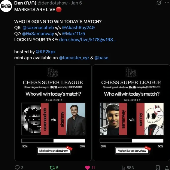 Chess Super League in-stream prediction markets on match winners