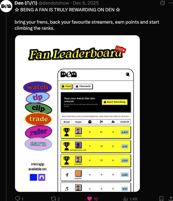 Fan Leaderboard post showing watch, tip, clip, trade and refer actions