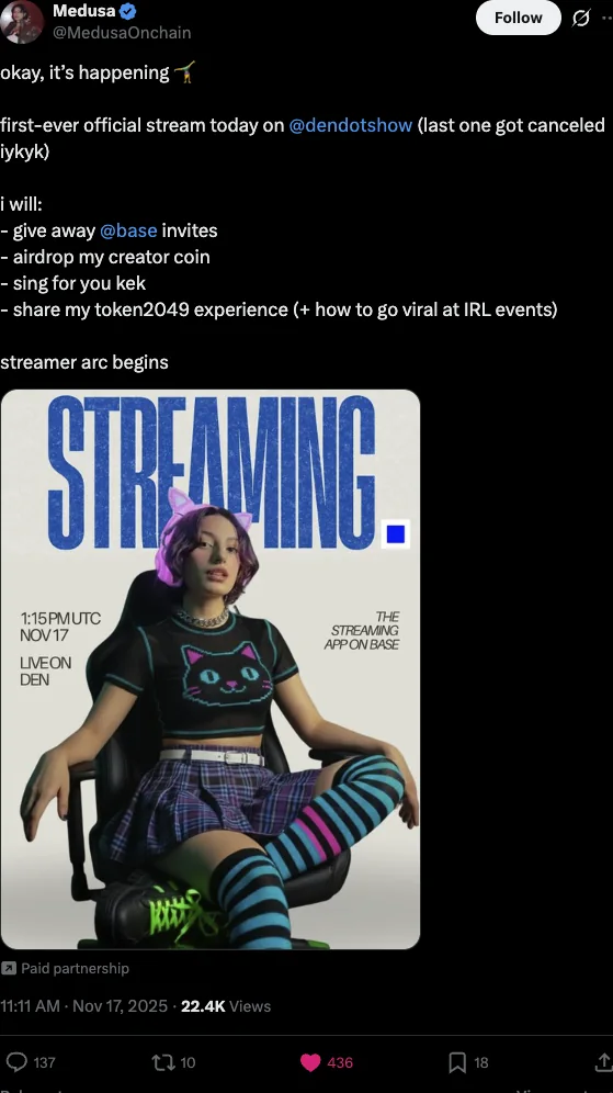 Post marking the first official stream by creator medusaonchain