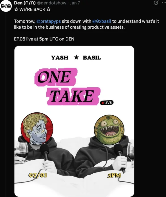 One Take episode post for an in-house stream podcast