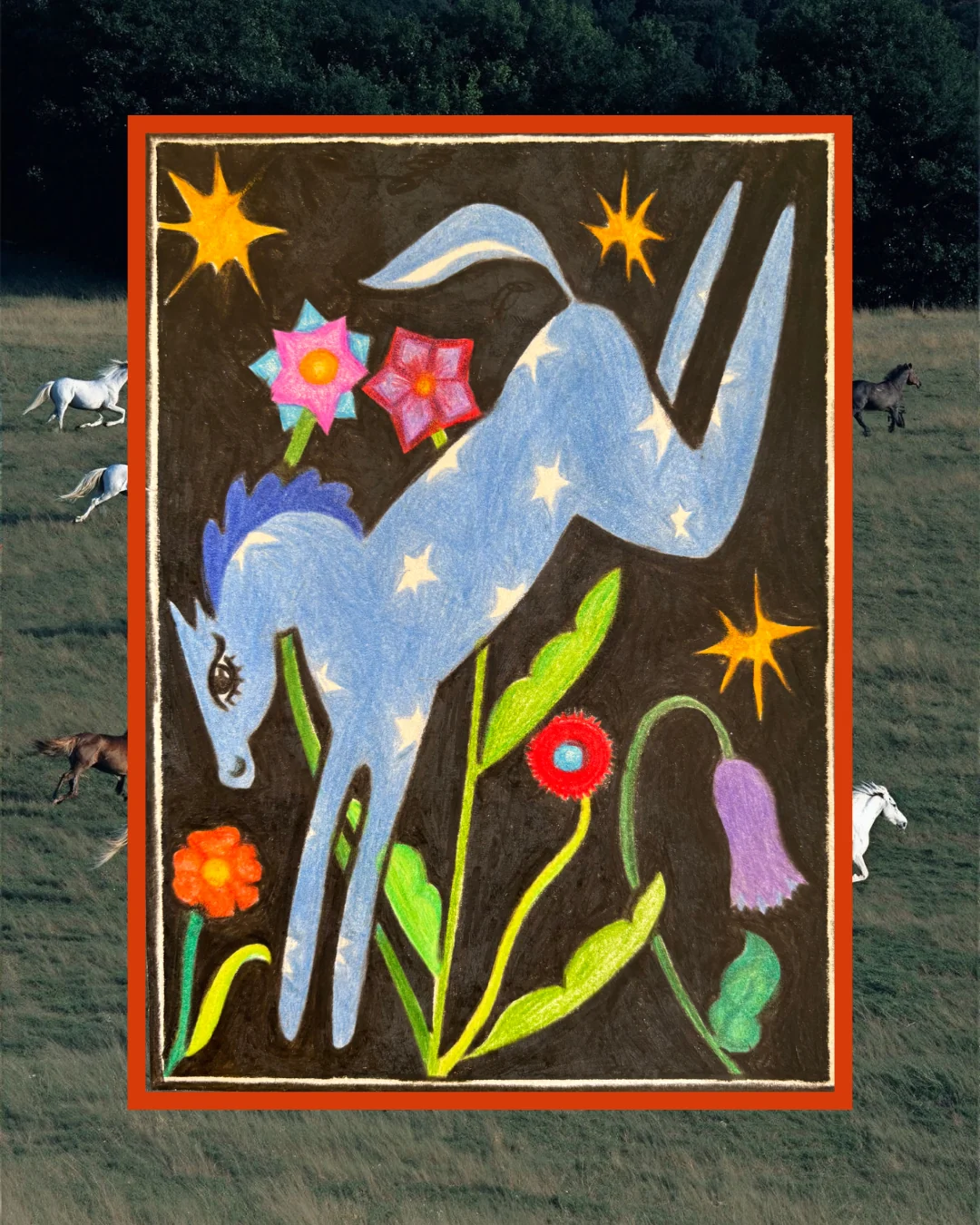 Blue horse illustration framed over a field of running horses