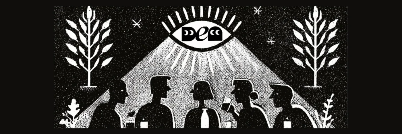 DEN banner illustration, silhouettes gathered under an eye