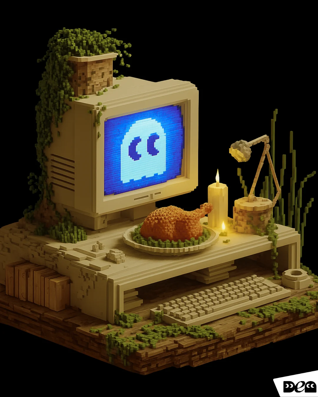 Voxel diorama of a retro computer with the DEN ghost on screen