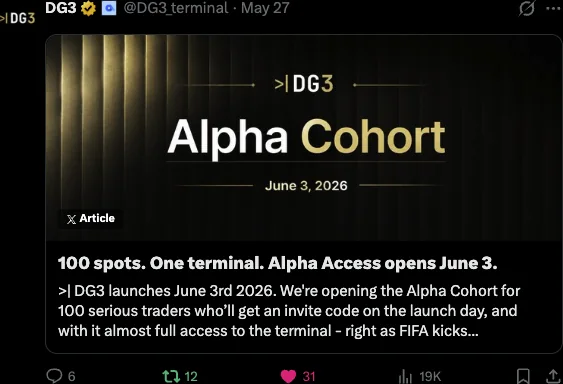 Alpha Cohort launch post, 100 spots on one terminal