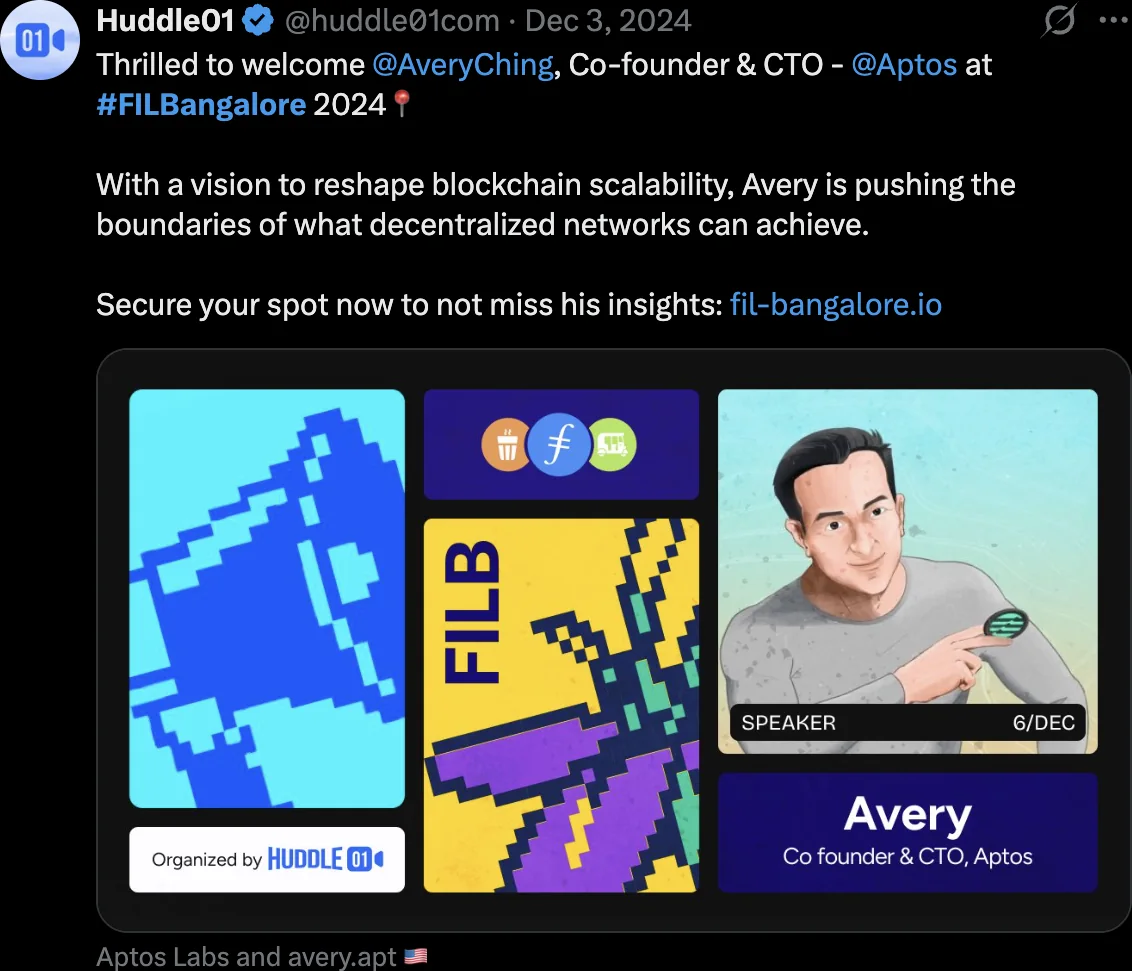 Speaker announcement for Avery, co-founder and CTO of Aptos