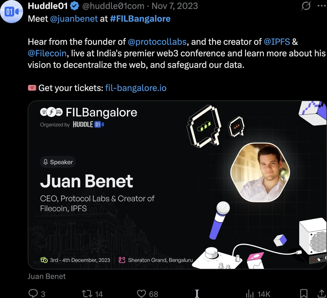 Speaker announcement for Juan Benet, creator of Filecoin and IPFS