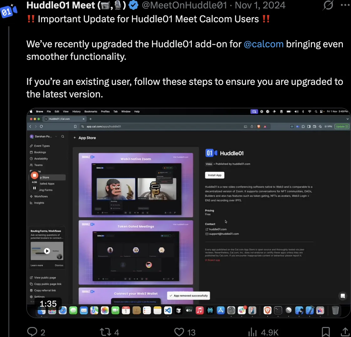 Update post for Huddle01 Meet Cal.com users