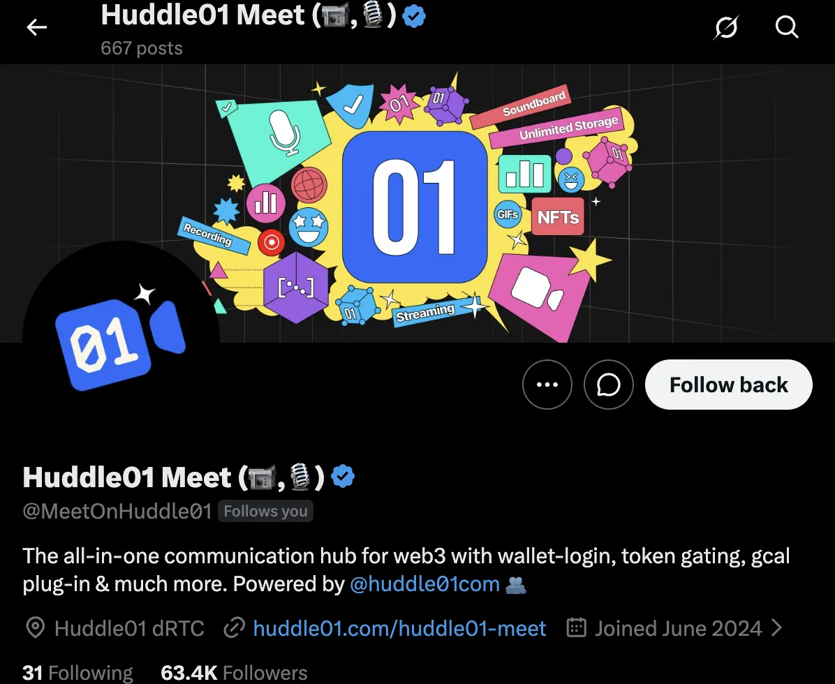 The @MeetOnHuddle01 X account profile
