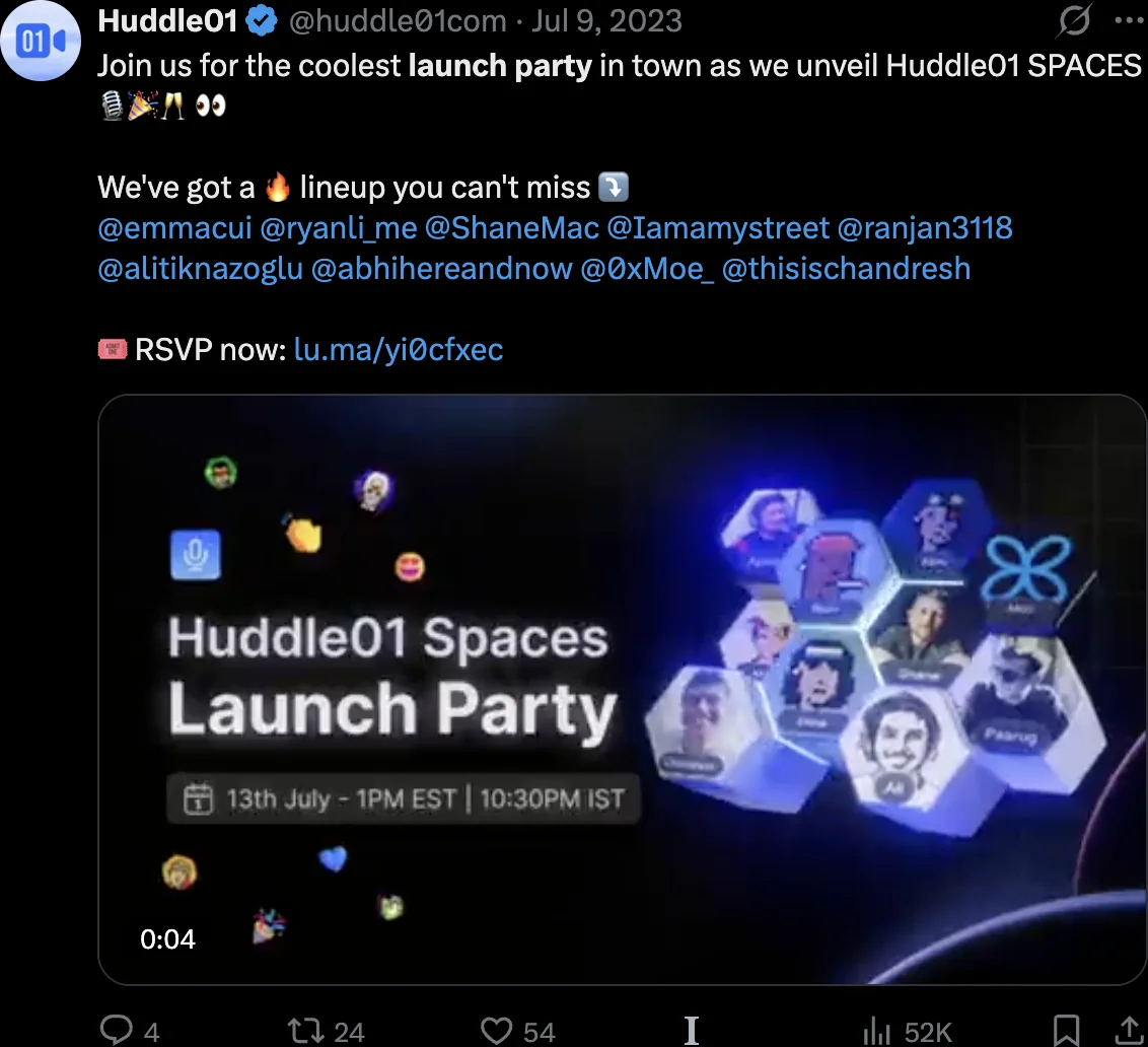 Huddle01 Spaces launch party announcement